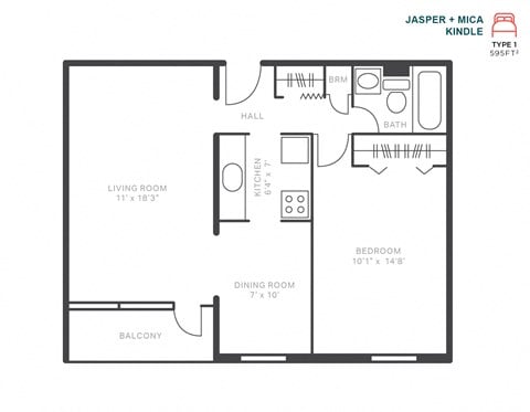 Floor plan for 1 bed, 1 bath, 595 sqft